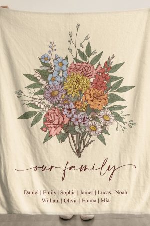 Family Boho Birth Flower Bouquet Flowers Gift For Mom, Grandma, Family - Personalized Blanket Big Size