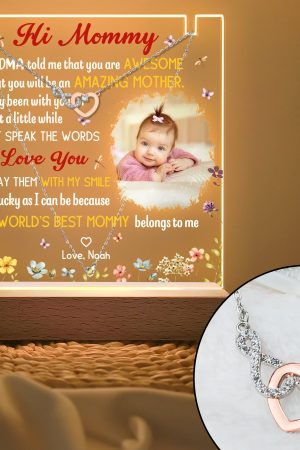 First Mom New Mom Gift - Personalized LED Light Acrylic Photo Plaque With Infinity Necklace