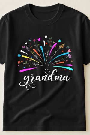 Proud Grandma And Kids Firework Birth Month Flowers - PersonalizedOne Size Shirt